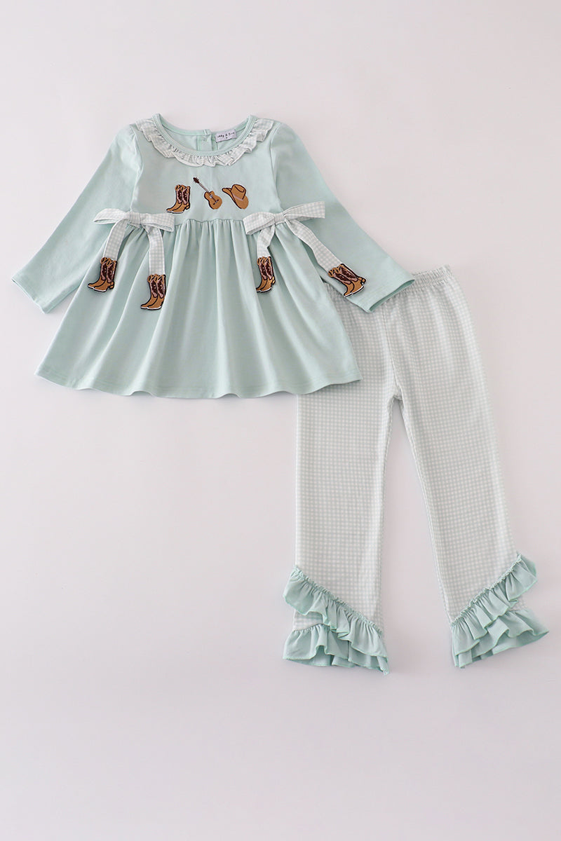 Blue boots embroidery ruffle pants set