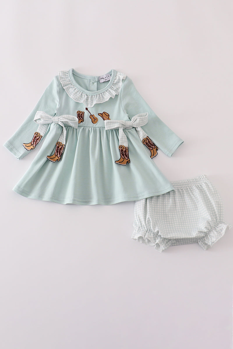 Blue boots embroidery ruffle bloomer set