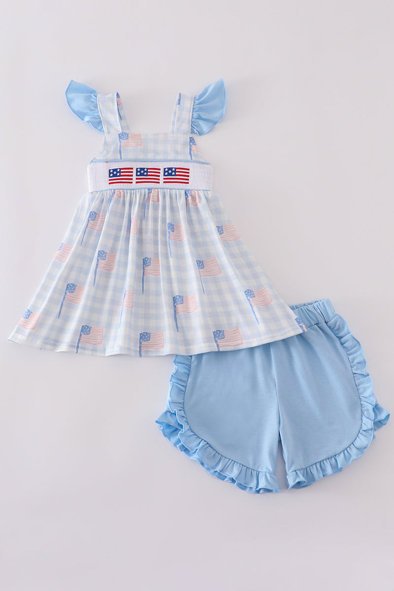 Blue flag embroidery smocked shorts set