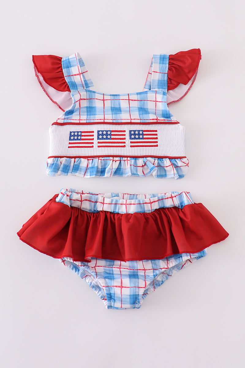 Flag embroidery smocked plaid 2pc swimsuit UPF50+