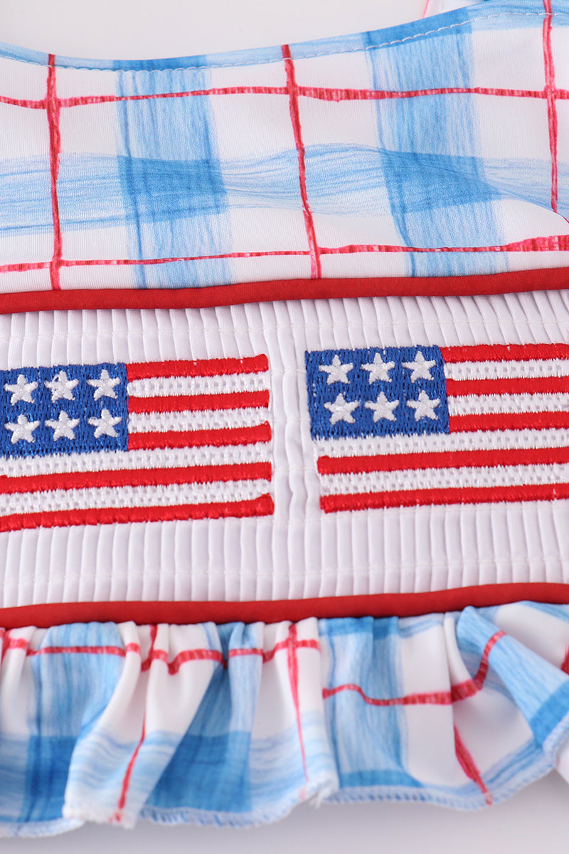 Flag embroidery smocked plaid 2pc swimsuit UPF50+