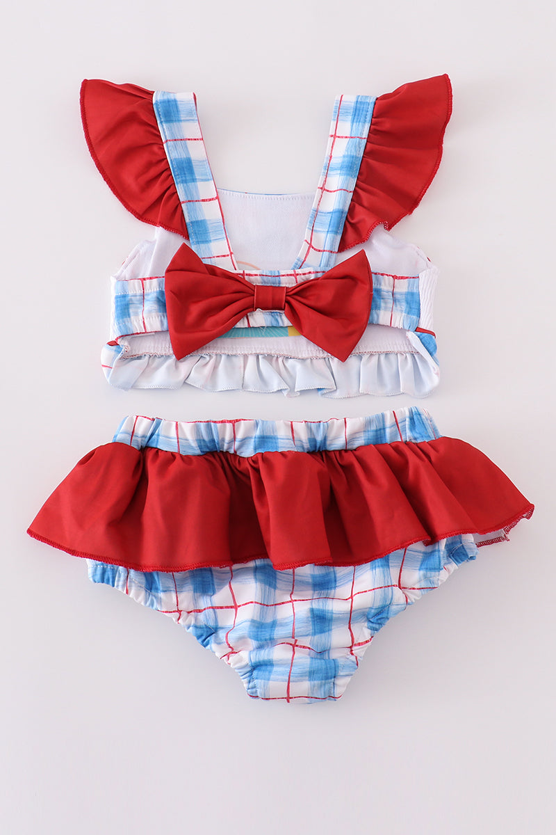 Flag embroidery smocked plaid 2pc swimsuit UPF50+