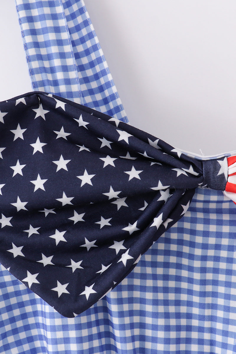 Blue flag bow gingham mom dress