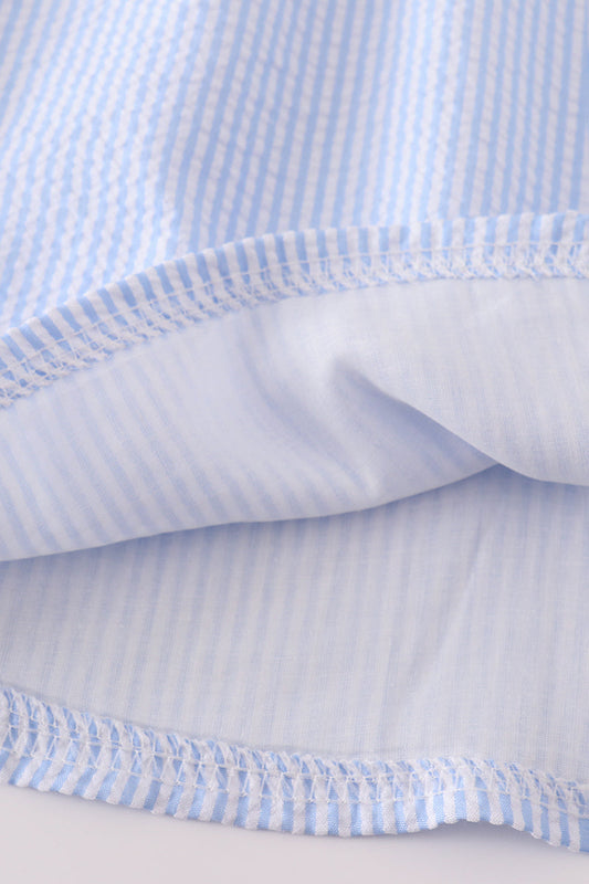 Blue seersucker crab embroidery smocked dress