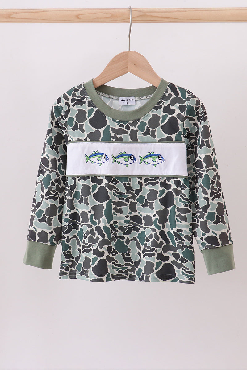 Camouflage fish embroidery ruffle top