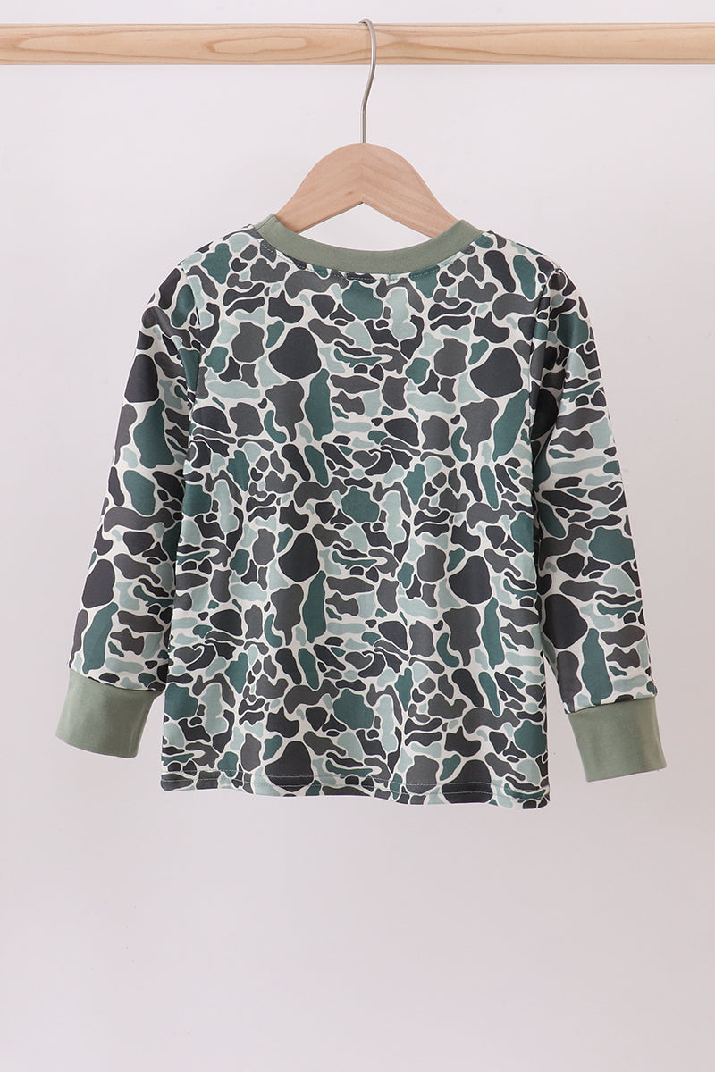 Camouflage fish embroidery ruffle top