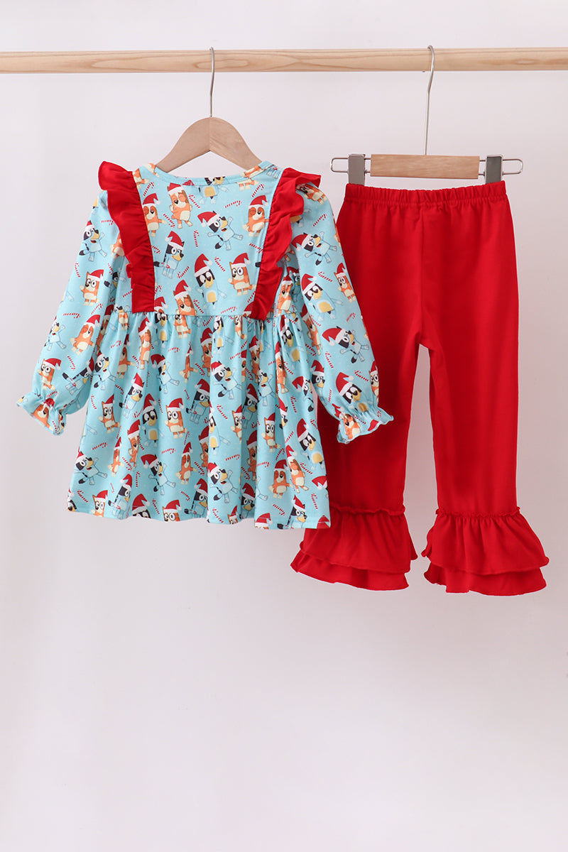 Blue christmas character print ruffle pants set