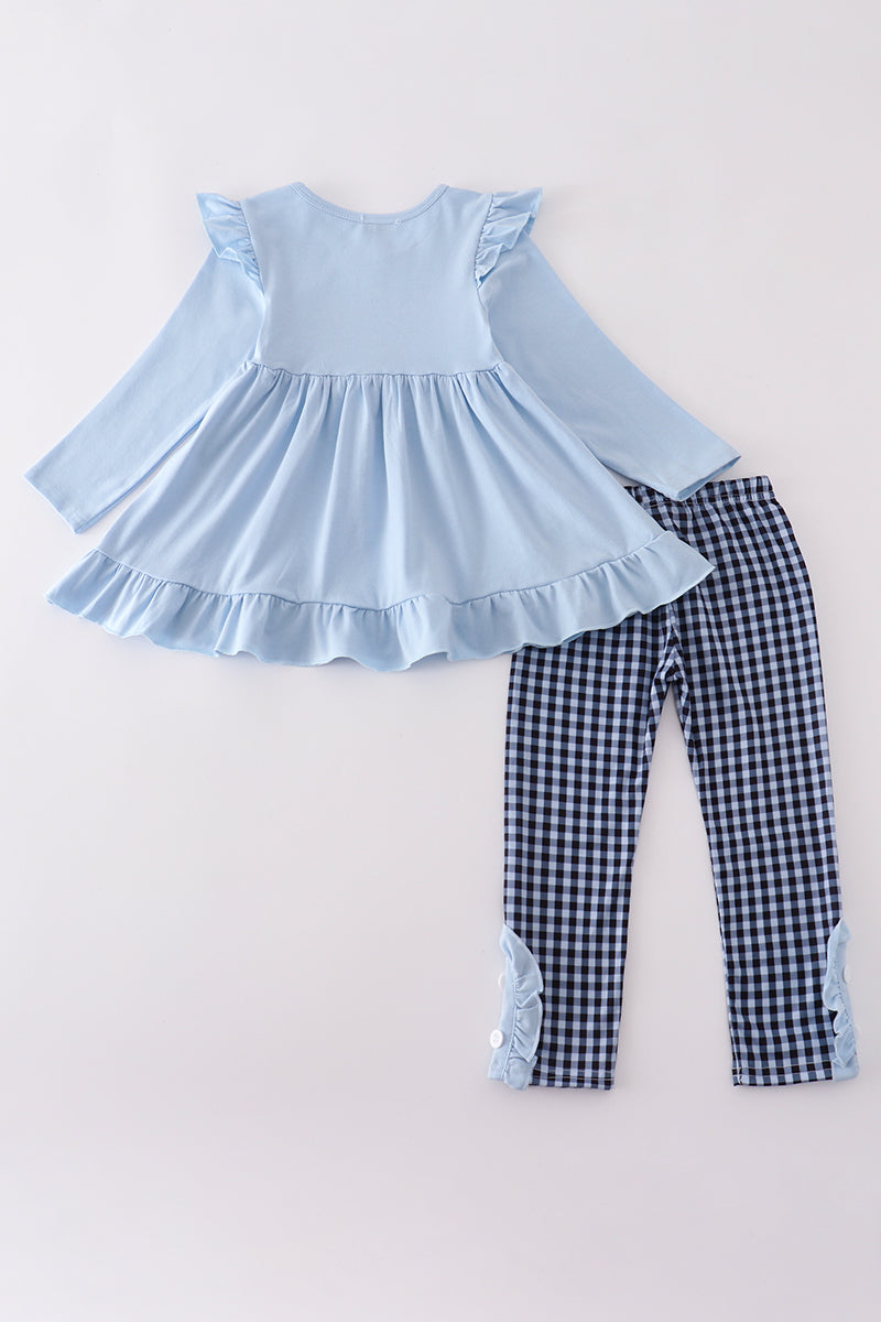 Blue believe embroidery ruffle pants set