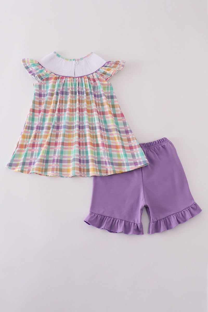 Purple sailboats embroidery ruffle shorts set