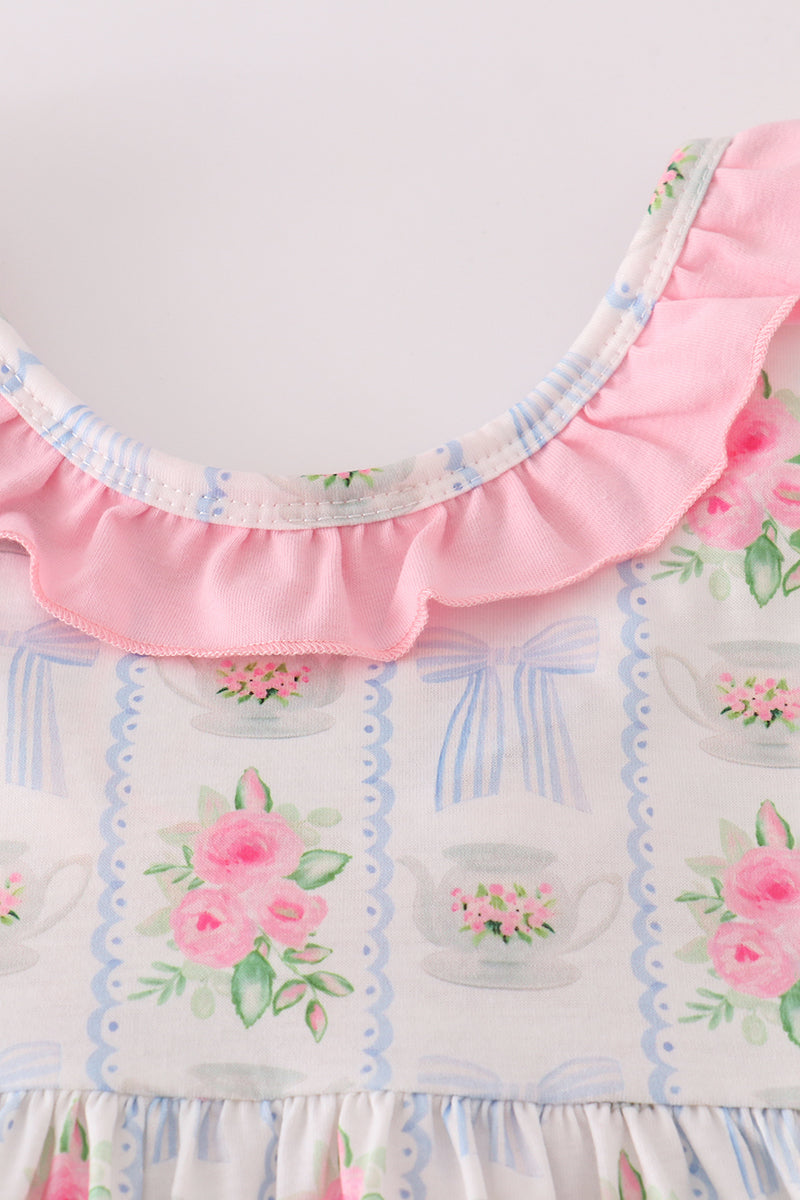 Tea floral bow ruffle shorts set