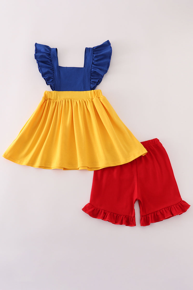 Apple embroidery bow ruffle shorts set