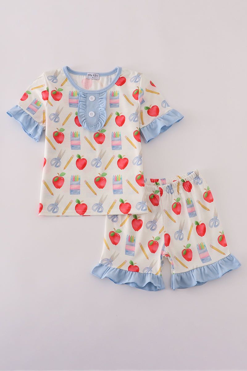 Apple pencil print ruffle shorts set