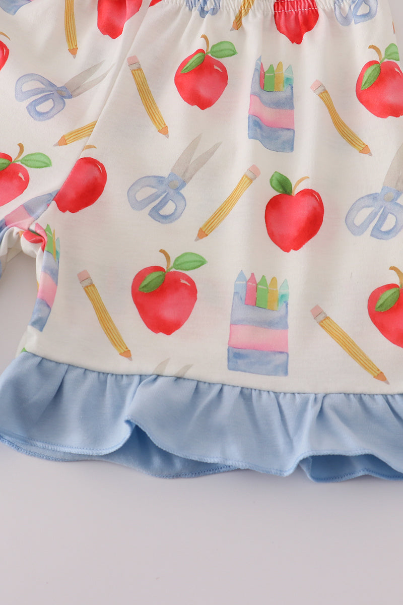 Apple pencil print ruffle shorts set