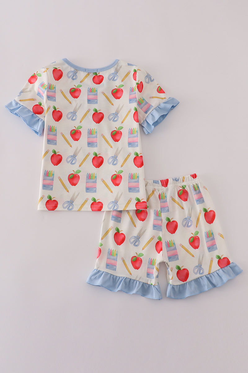 Apple pencil print ruffle shorts set