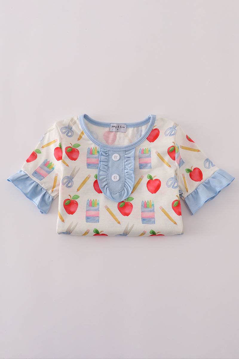Apple pencil print ruffle shorts set