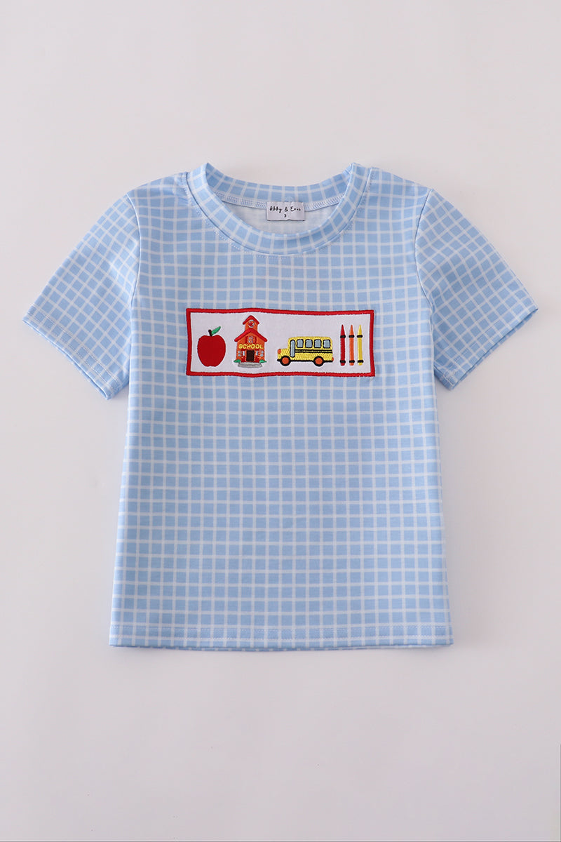 Blue apple bus embroidery plaid top