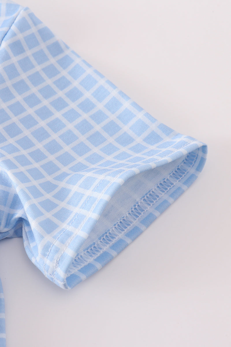 Blue apple bus embroidery plaid top