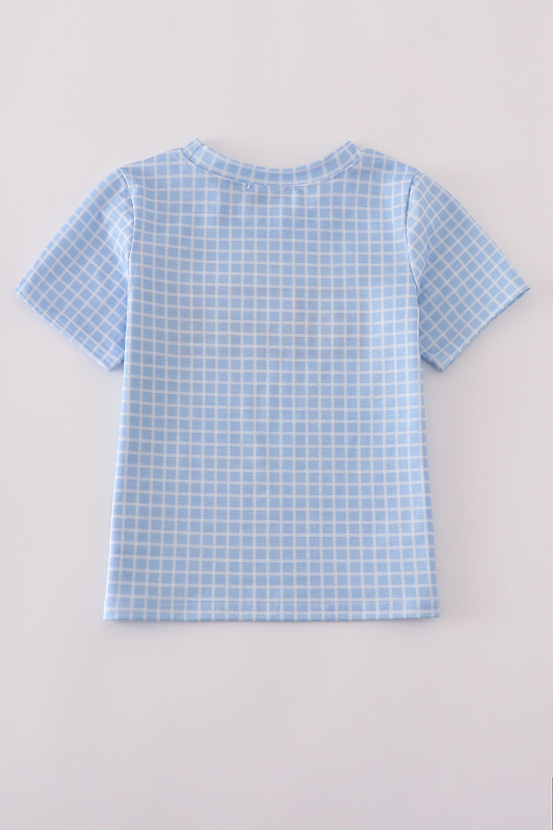 Blue apple bus embroidery plaid top