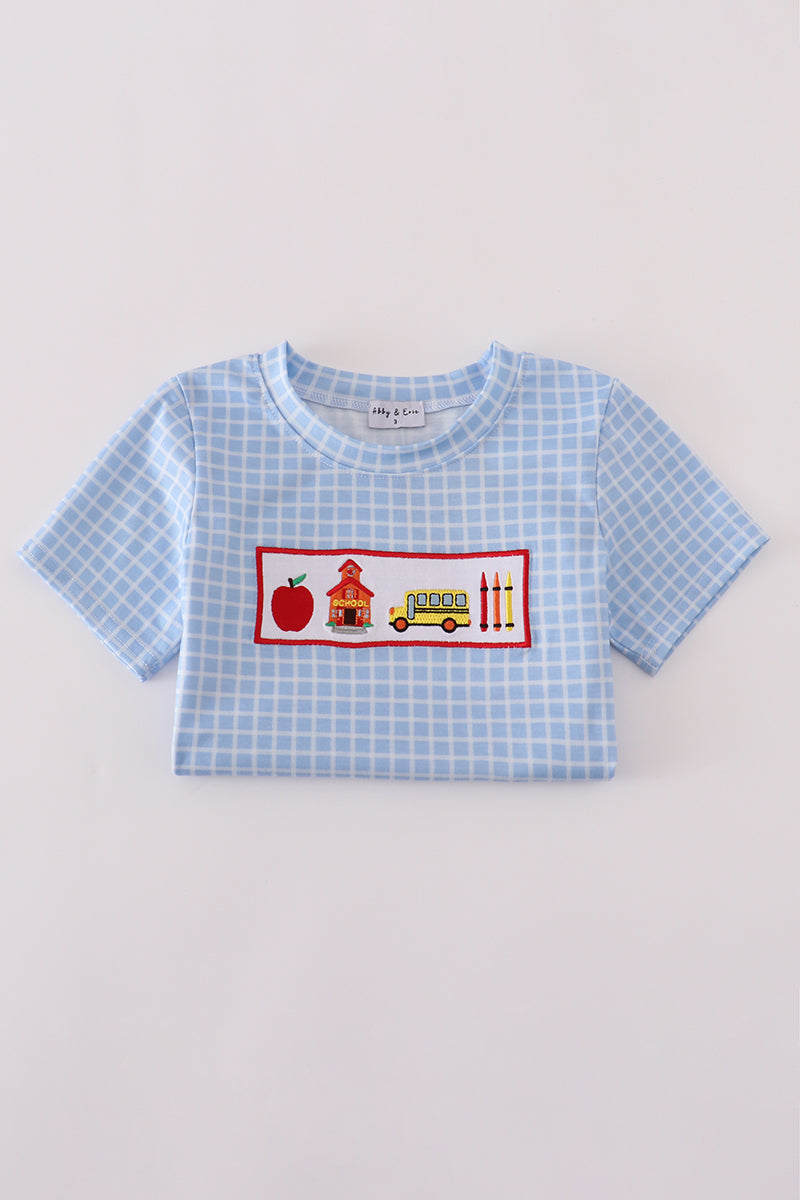 Blue apple bus embroidery plaid top
