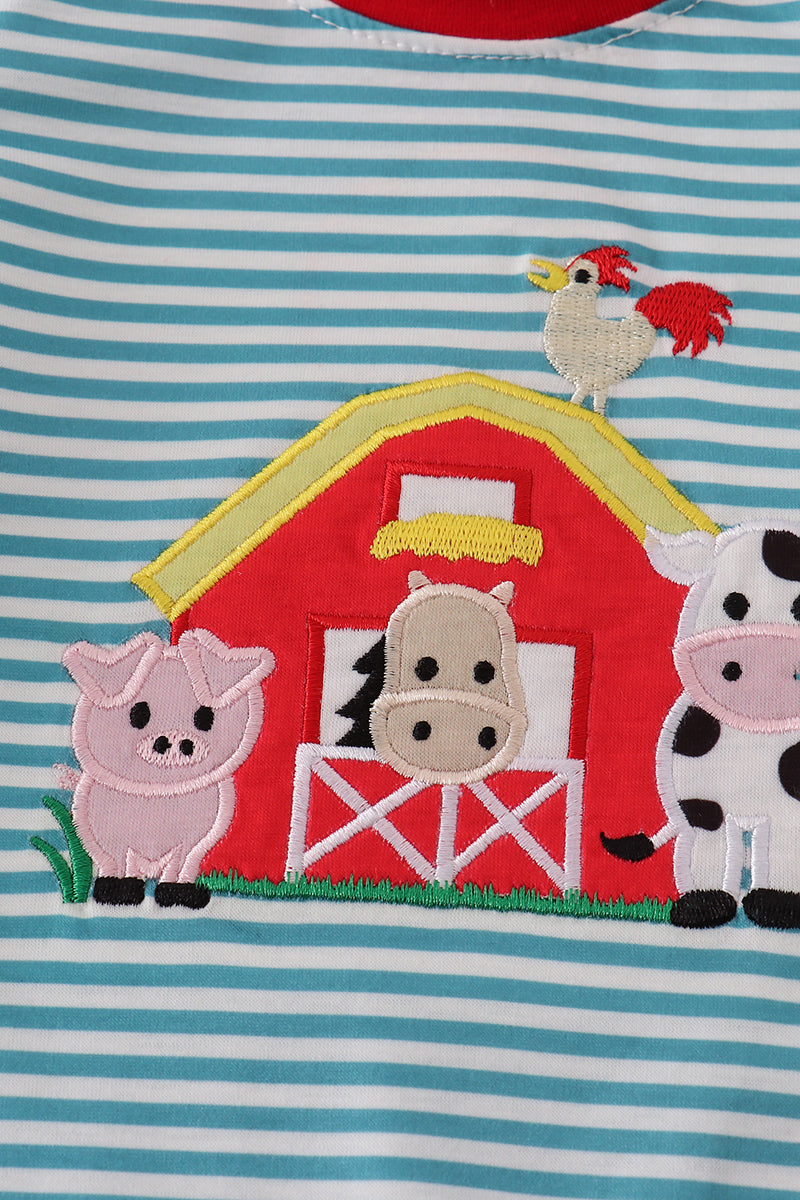 Blue stripe farm applique romper
