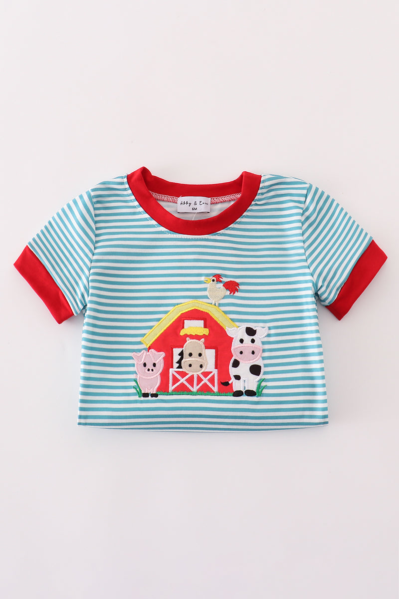 Blue stripe farm applique romper