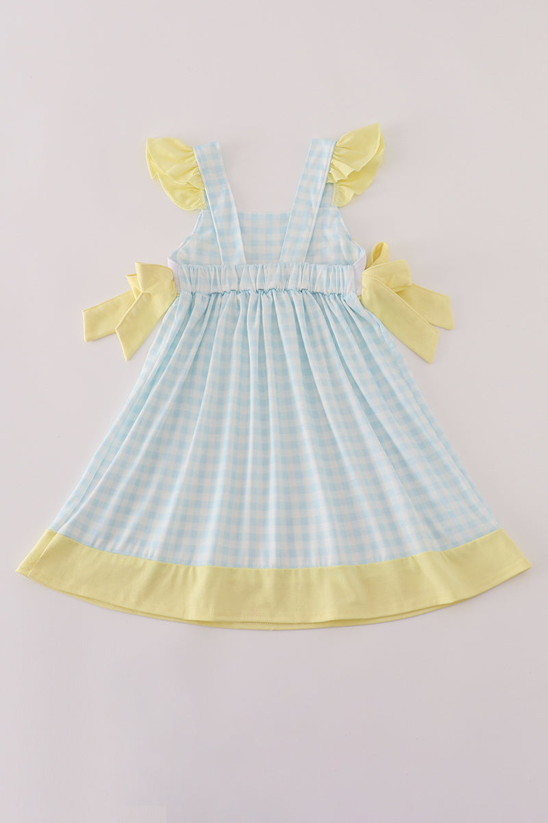 Blue character embroidery gingham ruffle dress