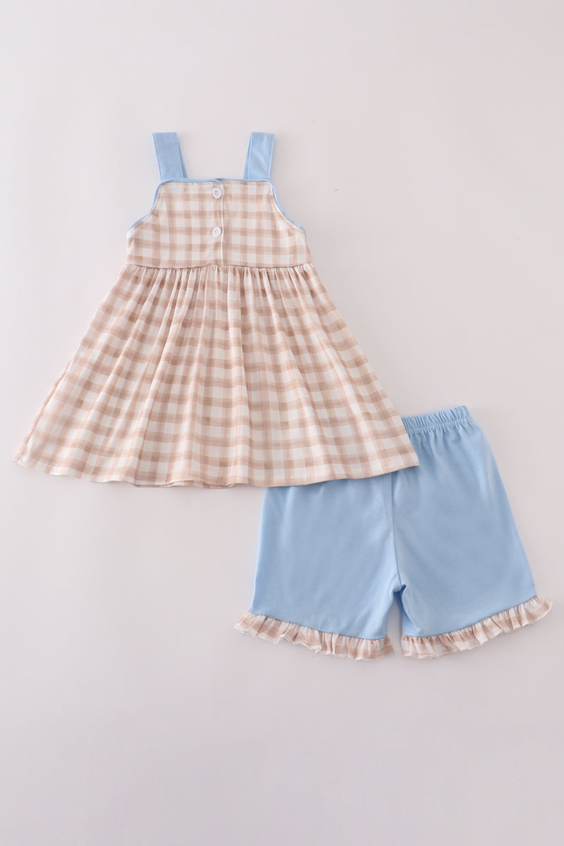 Beige puppy embroidery gingham ruffle shorts set