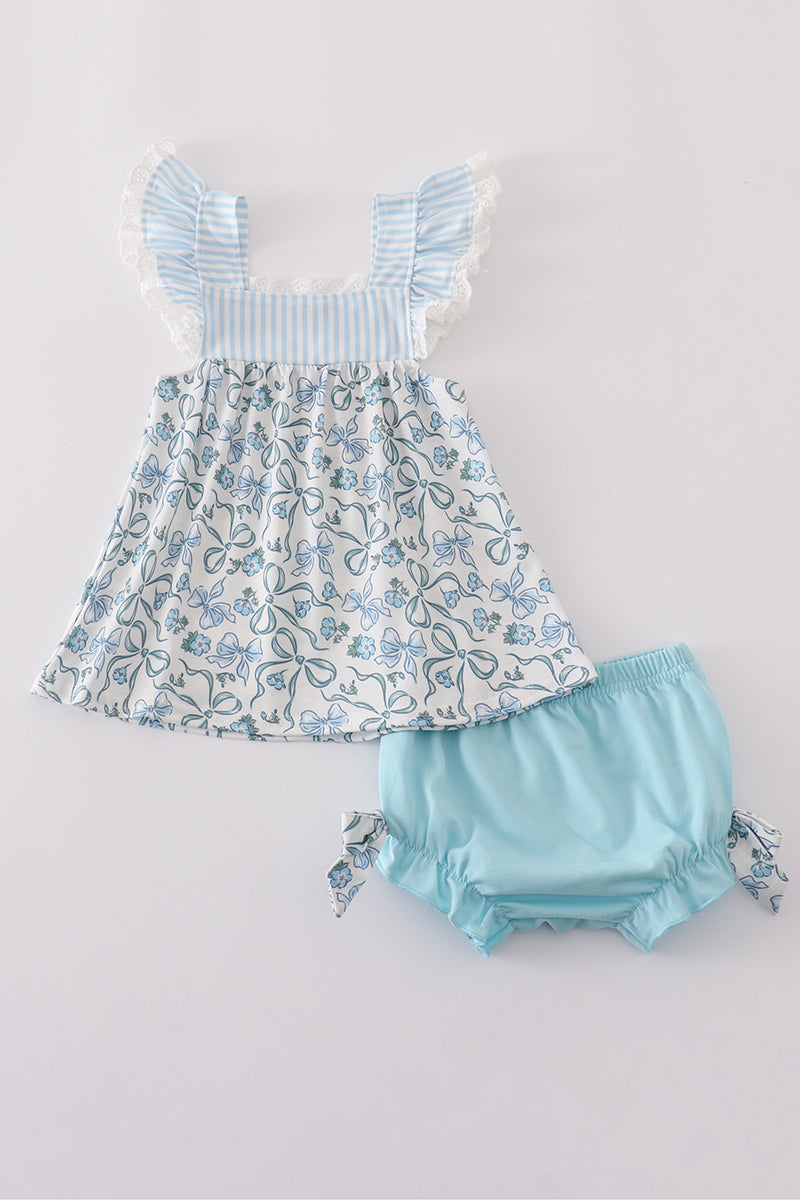 Blue bow & lace print ruffle bloomer set