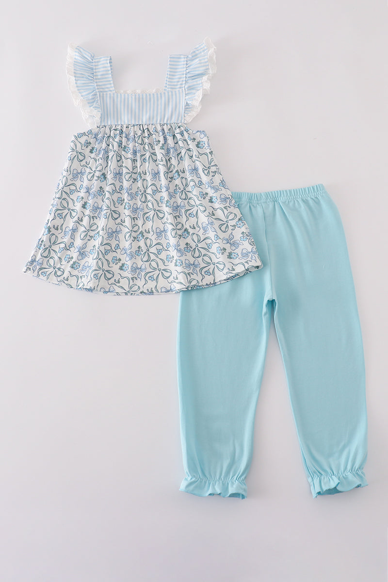 Blue bow & lace print ruffle pants set