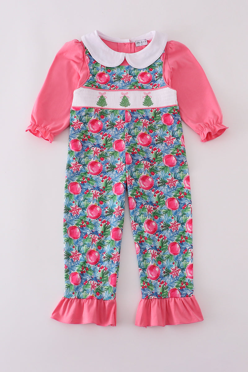 Blue christmas tree smocked ruffle jumpsuit set