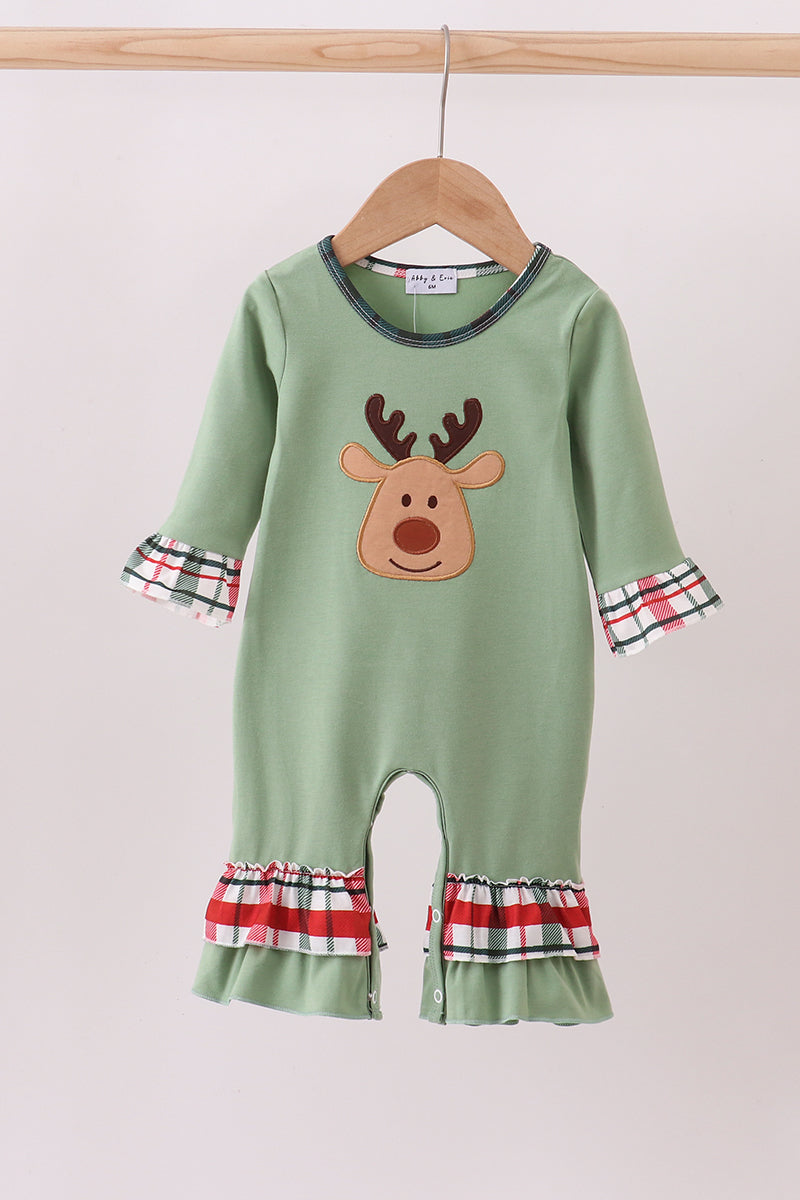 Green christmas reindeer applique ruffle romper