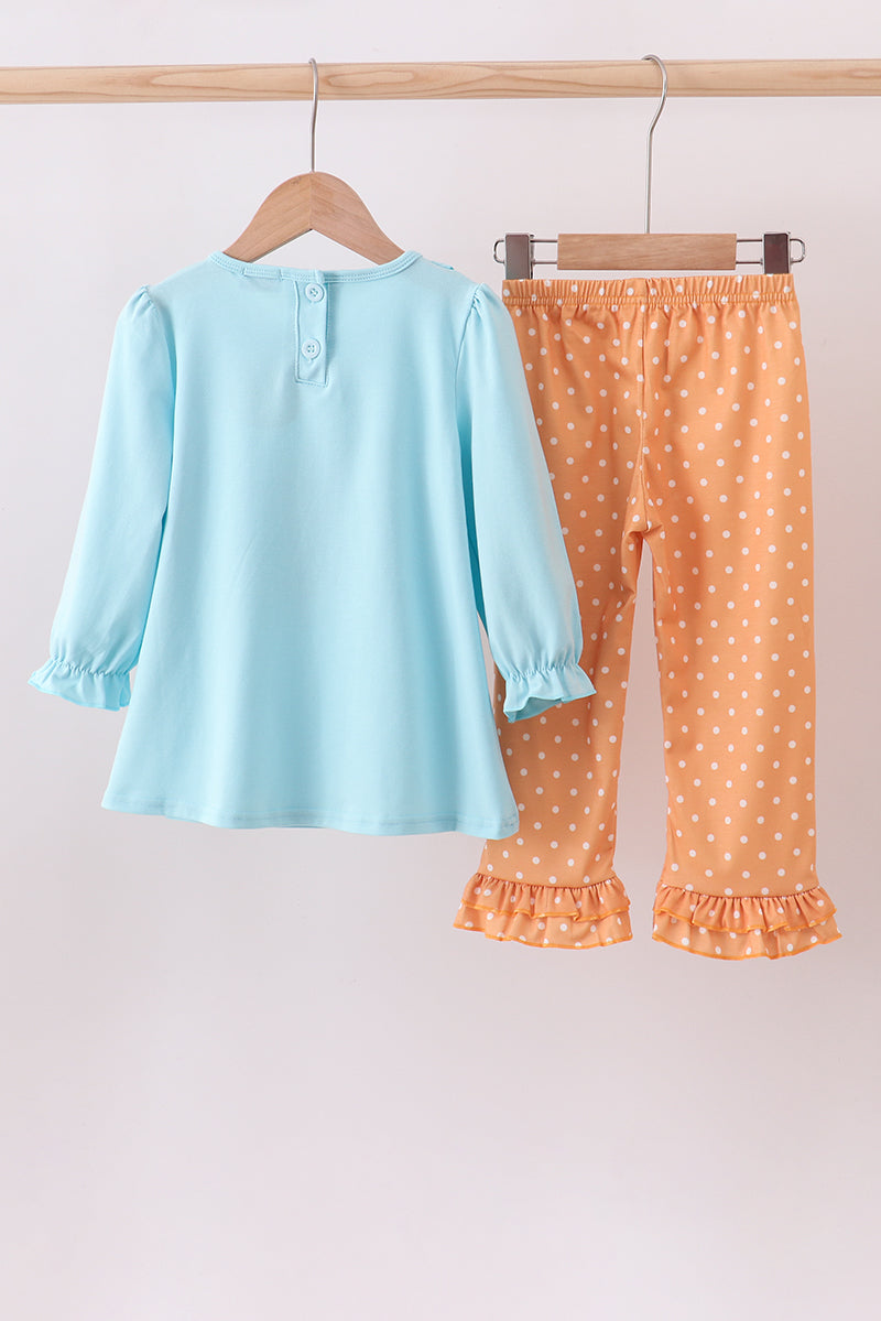 Blue christmas character embroidery ruffle pants set