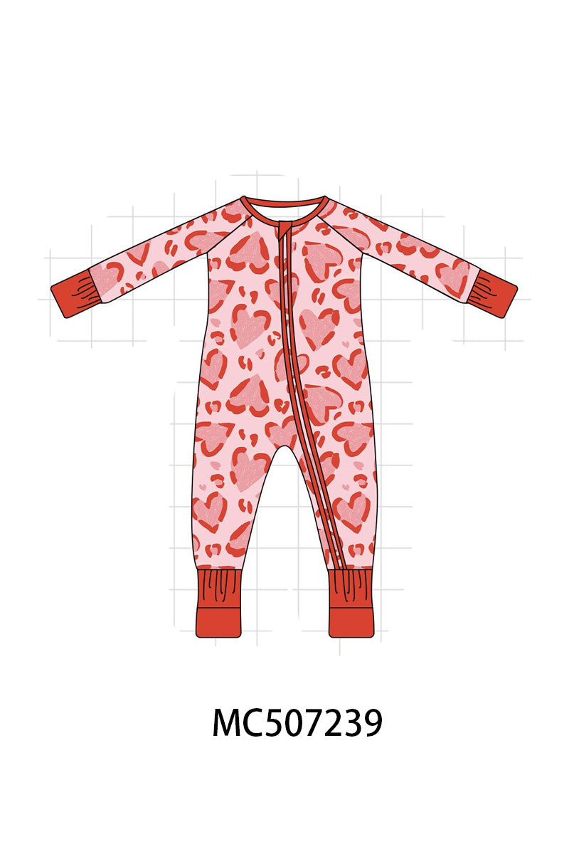Red heart print bamboo zipper romper