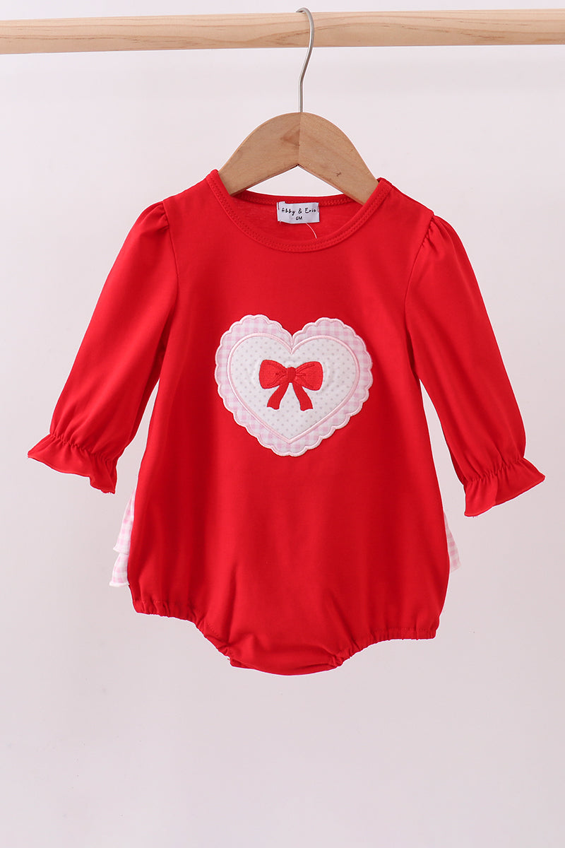 Red heart bow applique ruffle bubble