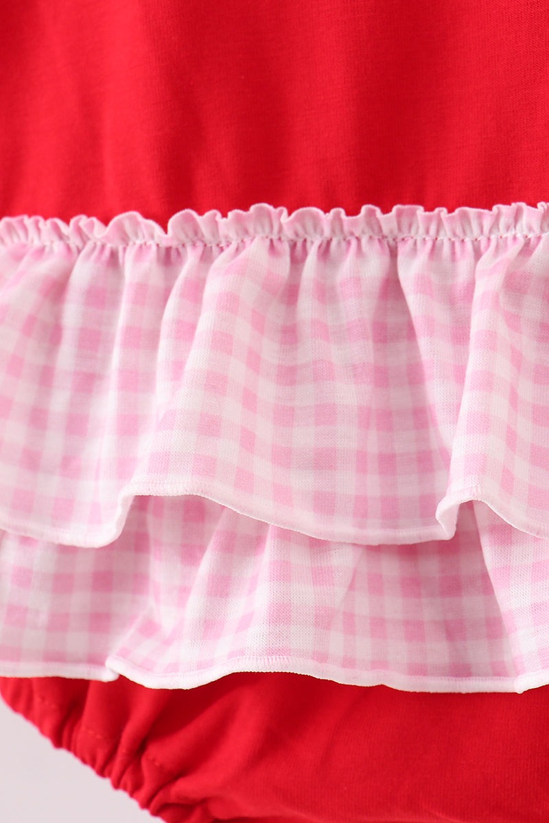 Red heart bow applique ruffle bubble