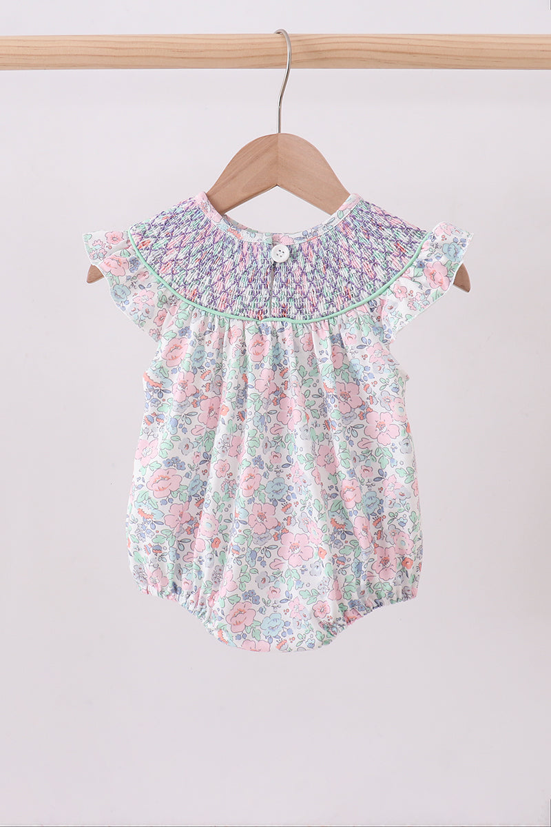 Green floral smocked ruffle bubble