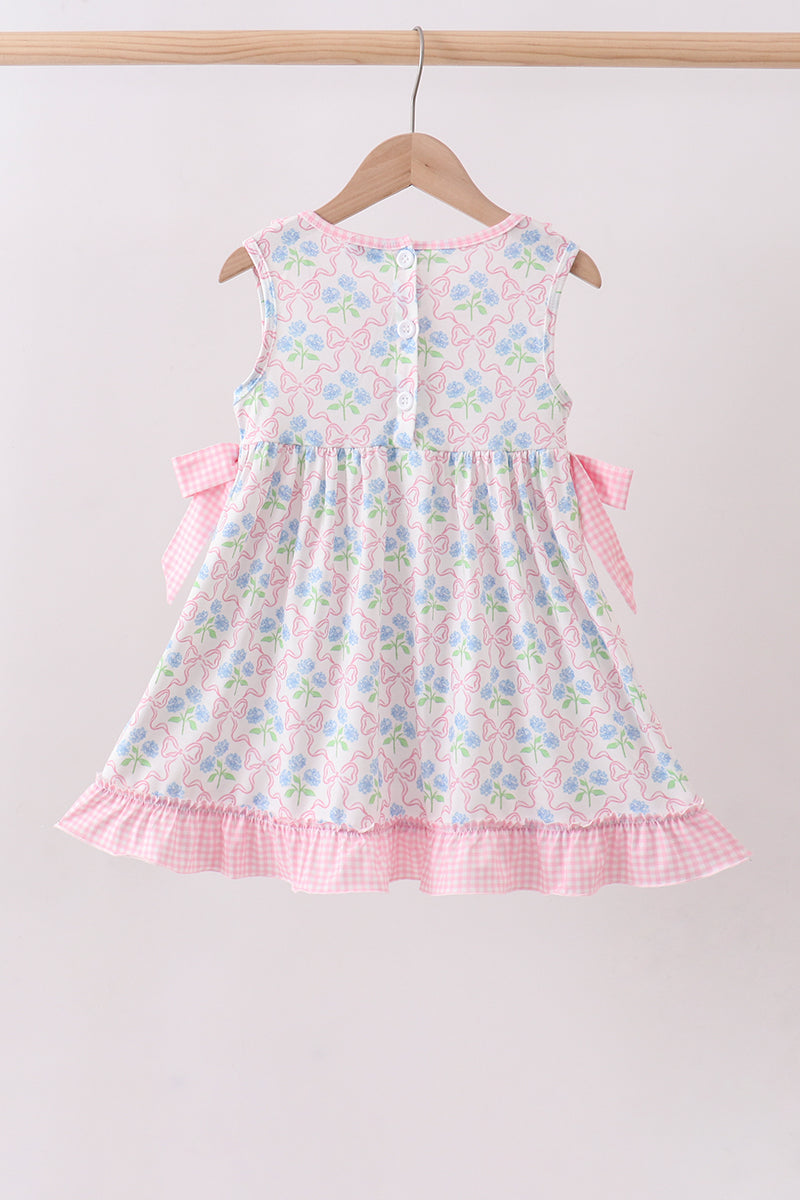 Pink hydrangea bow print ruffle dress