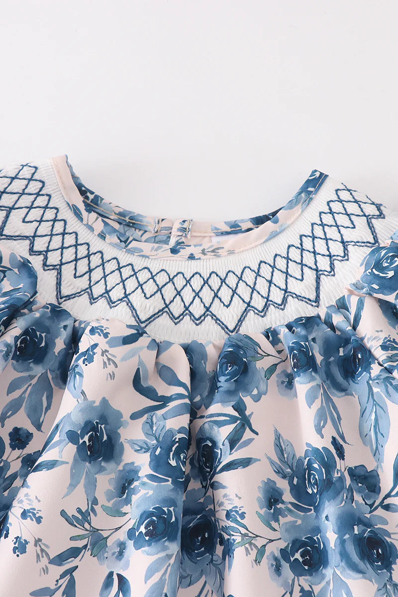 Blue floral smocked pants set