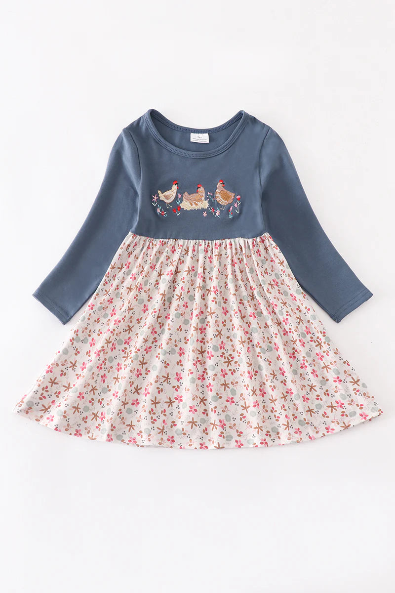 Floral chicken embroidered girl dress