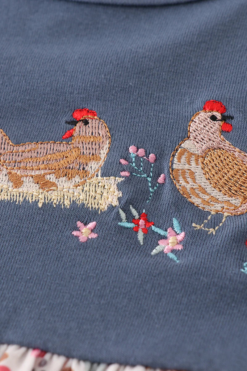 Floral chicken embroidered girl dress