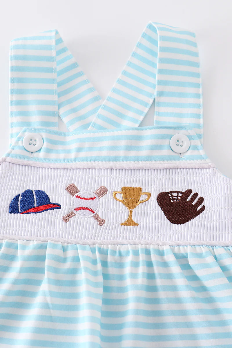 Blue baseball embroidery smocked boy romper