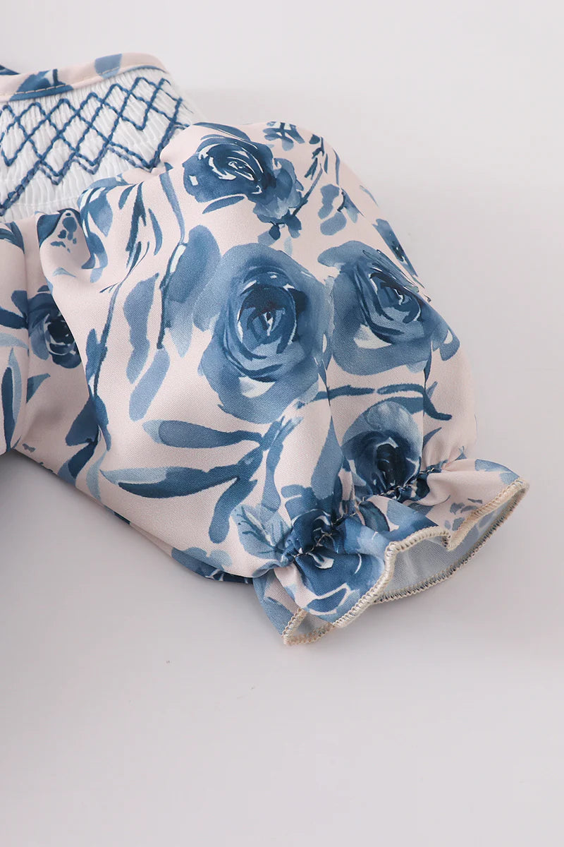 Blue floral smocked bubble