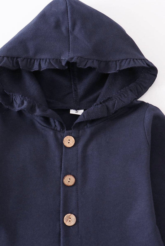 Navy ruffle button down hoodie jacket