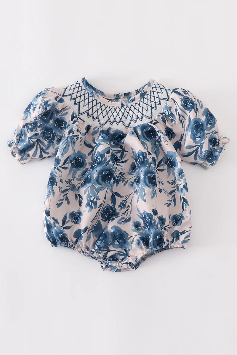 Blue floral smocked bubble