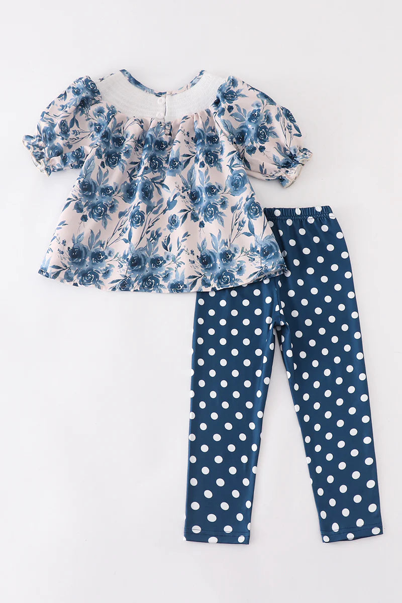 Blue floral smocked pants set