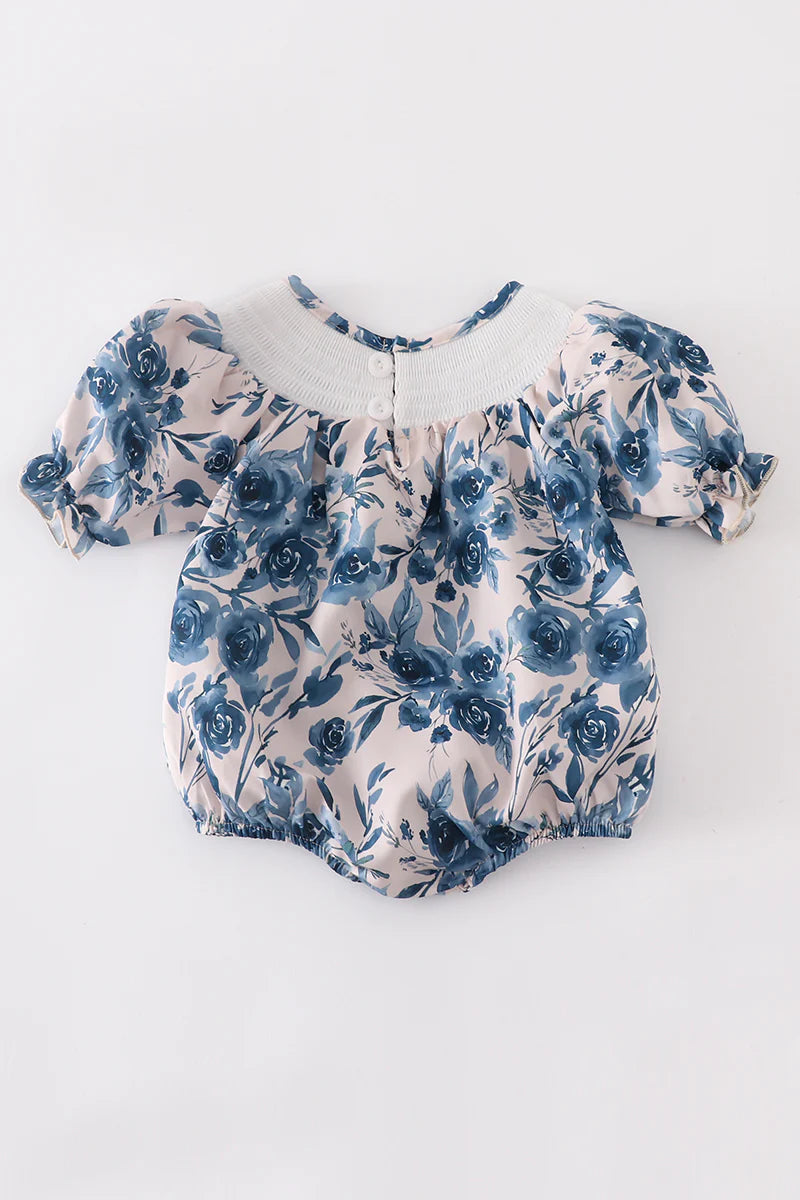 Blue floral smocked bubble
