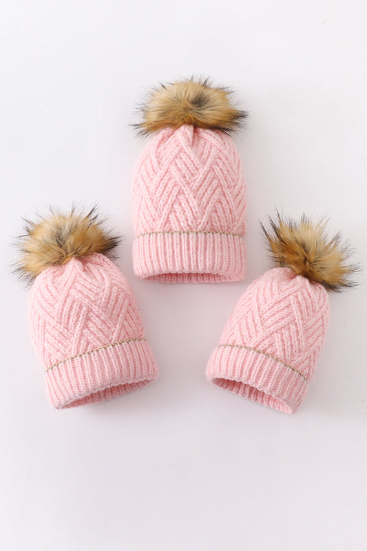 Pink cross cable knit pom pom beanie hat baby toddler adult