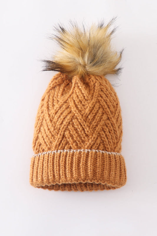 Camel cross cable knit pom pom beanie hat baby toddler adult