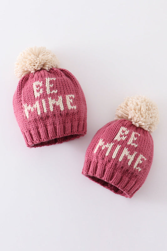 Pink BE MINE knit beanie pom pom hat