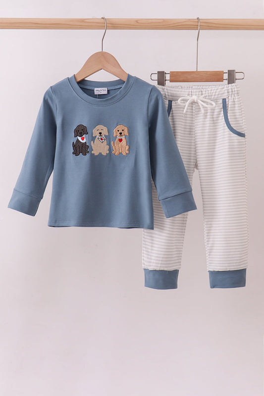 Blue puppy embroidery pants set